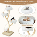 178cm tall cat tower with 3 plush perches, sisal posts, and jingling balls for climbing, resting, and scratching.