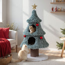 Christmas-themed cat tree in frosted green plush with 2 condos, star topper, and playful balls for indoor cats.
