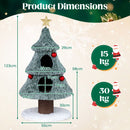 Christmas cat tree with dual condos, frosted green plush, and a star topper, perfect for indoor feline play and rest.