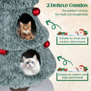 Christmas cat tree with two large condos, frosted green plush, perfect for multi-cat households and festive decor.