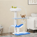 Three-level ocean-themed cat tree with sisal scratching posts, plush platforms, and interactive toys for feline fun.