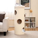 Elevated 4-story cat house in beige with multiple caves and a plush perch, perfect for multiple cats to play and relax.