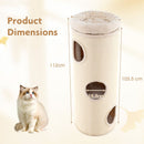 4-story beige cat house with three caves, measuring 112 cm, perfect for multiple cats to climb, scratch, and lounge.