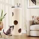 Elevated 4-story beige cat house with three caves and plush perch, perfect for multiple cats to play and relax.