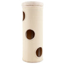 Elevated 4-story cat house in beige with three entrance holes, perfect for multiple cats to climb, scratch, and lounge.