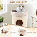 Cozy top perch of the 4-story cat house in beige with soft padded cushion for multiple cats to lounge comfortably.