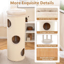 Elevated 4-story cat house in beige with 3 large holes, plush perch, and breathable bamboo mat for multiple cats.
