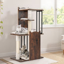 Multi-level 112 cm tall wooden cat tree in rustic brown with removable plush cushions and sisal scratching posts.