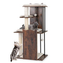 Multi-level 112 cm tall wooden cat tree in rustic brown with plush cushions, sisal scratching posts, and playful design.
