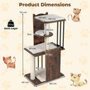 Product dimensions of the 112 cm tall wooden cat tree in rustic brown, showcasing three levels and a round jumping.