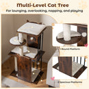 Multi-level cat tree in rustic brown with 3 spacious platforms and a round platform, featuring removable plush cushions.