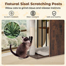 112 cm tall wooden cat tree in rustic brown with sisal scratching posts and plush cushions for climbing and lounging.