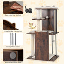 Close-up of the cute cat ear decoration on the 112 cm tall wooden cat tree, adding playful charm to its rustic brown.