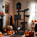 Extra large black Halloween cat tower with two coffin condos, hammock, and bat-shaped toys for feline fun and.