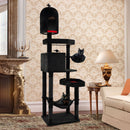 Extra large black Halloween cat tower with 2 coffin beds, hammock, and sisal-wrapped scratching posts for feline fun.