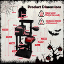 Extra large black Halloween cat tower with 2 coffin beds, hammock, and scratching posts for feline fun and relaxation.