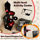 Black Halloween extra large cat tower with two coffin beds, bat-shaped toys, and red cushions for spooky feline fun.