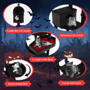 Extra large black Halloween cat tower with 2 coffin beds, castle condo, hammock, and basket bed for feline fun.