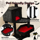 Extra large black Halloween cat tower with 2 coffin beds, sisal scratching posts, and cozy red cushions for feline.