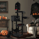 Black Halloween extra large cat tower featuring a cozy hammock and spacious castle condo for playful feline relaxation.