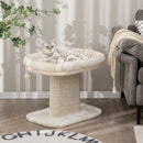Modern cat tree tower with large plush perch, beige color, featuring a sisal scratching plate and hanging ball for play.
