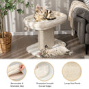 Modern cat tree tower in beige with large plush perch, removable cushion, and sisal panel for indoor play and rest.