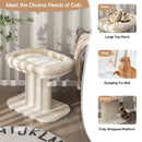 Modern cat tree tower in beige featuring a large plush perch, sisal scratch plate, and dangling ball for play and rest.