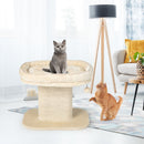Spacious beige cat tree tower with plush perch, sisal scratch plate, and hanging ball for indoor play and rest.