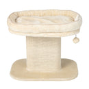 Beige modern cat tree tower featuring a large plush perch, sisal scratching plate, and hanging ball for indoor play.