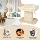 Modern cat tree tower in beige with plush perch, sisal scratching plate, and hanging ball for indoor play and rest.