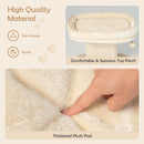 Spacious beige top perch of the modern cat tree with thickened plush pad for comfort and easy cleaning.