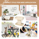Modern cat tree tower in beige with plush perch, sisal plate, and hanging ball for indoor play and rest.