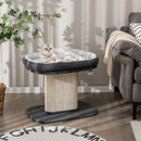 Modern cat tree tower in gray with large plush perch, sisal scratching plate, and hanging ball for indoor play and rest.