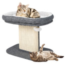 Cat tree tower with large plush perch, sisal scratching plate, and hanging ball for indoor play and relaxation.