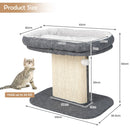 Modern cat tree tower in gray with large plush perch, sisal scratching plate, and hanging ball for indoor play.