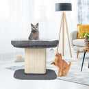 Modern cat tree tower featuring a spacious gray plush perch, sisal scratching plate, and playful hanging ball for.