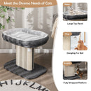 Modern cat tree tower in gray featuring a large plush perch, sisal scratching plate, and dangling fur ball for play.