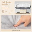 Close-up of the plush pad on the top perch of the gray modern cat tree tower, designed for comfort and easy cleaning.