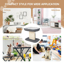 Modern cat tree tower in gray with large plush perch, sisal plate, and hanging ball for indoor play and rest.