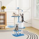 Modern 137cm tall cat tree tower in blue with sisal scratching posts, platforms, and a dangling ball for playful.