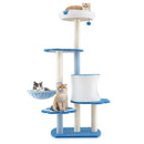 Modern 137cm tall cat tree tower in blue with multiple platforms, cozy hammock, and sisal scratching posts for playful.
