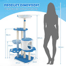 137cm tall blue cat tree tower with 6 layers, sisal scratching posts, and a plush dangling ball for playful kittens.