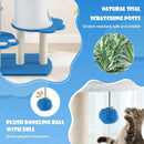Plush dangling ball with bell on a 137cm tall cat tree featuring natural sisal scratching posts for interactive play.