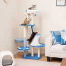 Modern 137cm tall cat tree tower in blue with sisal scratching posts, multiple platforms, and a dangling ball for play.