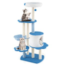 Modern 137cm tall cat tree tower in blue with sisal scratching posts, padded perch, and multiple platforms for play.