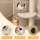 Deluxe 2-tier cat condo with faux linen fabric, removable cushions, and bamboo mat for cozy indoor lounging.