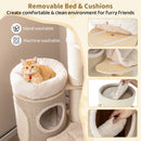 Multi-level cat tower with removable plush bed, faux linen fabric, and scratching posts for indoor cats' comfort and.