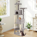 Multi-level grey cat tree with two condos, padded perches, and sisal scratching posts for indoor cats' play and rest.