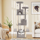 Multi-level grey cat tree with two condos, perches, and hammock for indoor cats, promoting climbing and scratching.