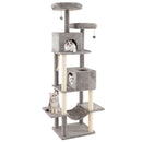 Multi-level grey cat tree with 2 condos, padded perches, and sisal scratching posts for indoor cats' play and rest.